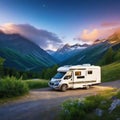 Summer trip to the mountains on a Recreational vehicle parking in the mountains for rest among the mountain Motorhome RV vacation