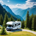 Summer trip to the mountains on a Recreational vehicle parking in the mountains for rest among the mountain Motorhome RV vacation