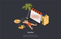 Summer Trips And Vacations Concept. Male Character Lies Under The Palm Tree Surronded By Leisure Items Such As Calendar Royalty Free Stock Photo