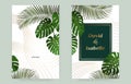 Summer tropic border, wedding invitation cards. Plant beach posters, palm leaf and golden lines, nature spring party