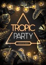 Summer tropic party poster with black and gold tropic leaves and modern electric lamps. Nature concept. Summer background.