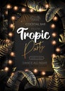 Summer tropic party poster with black and gold tropic leaves and modern electric lamps. Nature concept. Summer background.