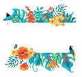 Summer tropical background banner with exotic paradise birds, palm leaves and hibiscus flowers.