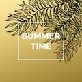 Summer tropical background of palm leaves and golden text and frame. Vector illustration Royalty Free Stock Photo