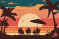 Summer tropical background. Sunset or sunrise colors. Beautiful orange sky and nature landscape with three people on sun loungers