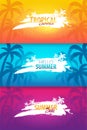 Summer tropical backgrounds set with palms and sunset. Summer placard poster flyer invitation card. Summer time. Vector