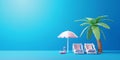 Summer tropical banner concept design 0f beach chair and umbrella flamingo inflatable with coconut tree on blue background 3D