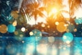 Summer tropical beach background with palm leaves, sparkling water reflections. Generative AI Royalty Free Stock Photo
