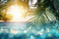 Summer tropical beach background with palm leaves, sparkling water reflections. Generative AI Royalty Free Stock Photo