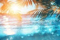 Summer tropical beach background with palm leaves, sparkling water reflections. Generative AI Royalty Free Stock Photo