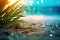 Summer tropical beach background with palm leaves, sparkling water reflections. Generative AI Royalty Free Stock Photo