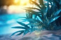 Summer tropical beach background with palm leaves, sparkling water reflections. Generative AI Royalty Free Stock Photo