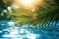 Summer tropical beach background with palm leaves, sparkling water reflections. Generative AI Royalty Free Stock Photo