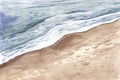 Summer tropical beach with golden sand and wave. Hand drawn watercolor illustration. Perfect for travel company Royalty Free Stock Photo