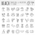 Summer tropical beach icon collection. Hand draw icons about travel to tropic beach and have vacation. Summer and beach Royalty Free Stock Photo