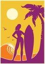 Summer tropical beach island. Vector summer landscape poster background with palms and surfer woman and surfboard Royalty Free Stock Photo