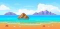 Summer tropical beach with mountains and islands. Seaside landscape, nature vacation, ocean or sea seashore.Vector cartoon Royalty Free Stock Photo