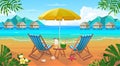 Summer tropical beach with sun loungers, table with cocktails, umbrella, mountains and islands. Seaside landscape, nature Royalty Free Stock Photo