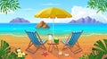 Summer tropical beach with sun loungers, table with cocktails, umbrella, mountains and islands. Seaside landscape, nature Royalty Free Stock Photo
