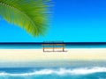 Summer tropical  beach white sand  green palm tree leaf  yellow umbrella blue sky sea on horizon and bench  towel sea water splas Royalty Free Stock Photo