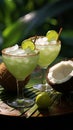 Summer tropical cocktail in fresh green coconut with two colorful umbrellas on palm tree leaves background Royalty Free Stock Photo