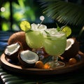 Summer tropical cocktail in fresh green coconut with two colorful umbrellas on palm tree leaves background Royalty Free Stock Photo