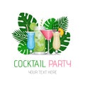 Summer tropical cocktail with palm leaves. Cocktail party poster