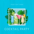 Summer tropical cocktail with palm leaves. Cocktail party poster