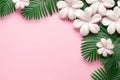 Summer Tropical Composition: Green Tropical Leaves and White Flowers on Pastel Pink Background AI Generated