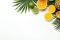Summer Tropical Composition: Green Palm Leaves and Tropical Fruits on White Background AI Generated