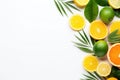 Summer Tropical Composition: Green Palm Leaves and Tropical Fruits on White Background AI Generated