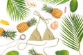 Summer tropical concept. Pineapple fruits, palm leaves, cosmetics and bikini swimwear on white background. Flat lay, top view. Royalty Free Stock Photo