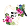 Summer Tropical Design with Hummingbird and Exotic Flowers. Floral Background with Golden Frame, Tropic Bird, HibisÃÂus