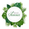 Summer tropical design with various green leaves and inscription Hello Summer