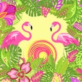 Summer tropical floral background with exotic leaves and flowers, pair of lovely pink flamingo and hot sun for Tshirt, summery par