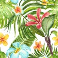 Summer tropical floral print. Watercolor seamless pattern with exotic plants, flowers and leaves. Green palm leaf, monstera, Royalty Free Stock Photo