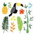 Summer tropical graphic elements. Toucan bird. Jungle floral illustrations, palm leaves, pineapple and hibiscus flowers