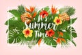 Summer tropical holiday background with exotic palm leaves and colorful tropic flowers