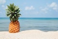 Summer tropical landscape with pineapple on the white sand beach on the background of blue sea and sky. Royalty Free Stock Photo