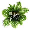 Summer tropical leaf background with exotic palm leaves. Party flyer template. Handwriting lettering. Vector Royalty Free Stock Photo