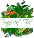 Summer Tropical Leaves Wildlife Vector Design with tiger, kingfisher, python, monal and butterflies