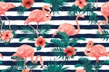 Summer tropical palm leaves with exotic flamingo and hibiscus flowers. Vector templates. Design element for card, poster, banner, Royalty Free Stock Photo