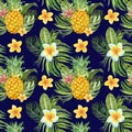 Summer tropical print. Watercolor seamless pattern with exotic plants, flowers and fruits. Green palm leaf, pineapple on blue