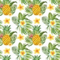 Summer tropical print. Watercolor seamless pattern with exotic plants, flowers and fruits. Green palm leaf, pineapple on white Royalty Free Stock Photo