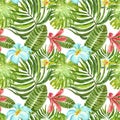 Summer tropical print. Watercolor seamless pattern with exotic plants, flowers and leaves. Green palm leaf, plumeria on white Royalty Free Stock Photo