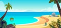 Summer tropical sandy beach. Sandy seashore, sea coast with palm tree and blue calm sea water. Royalty Free Stock Photo