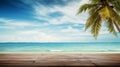 Summer tropical sea with waves, palm leaves and blue sky with clouds with empty wooden table. Generative AI Royalty Free Stock Photo