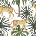 Summer tropical seamless pattern with cheetah animal and palm tree. Hand painted palm leaves and wild cat, jungle background Royalty Free Stock Photo