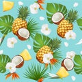 Summer tropical seamless pattern with exotic fruits and leaves.