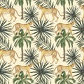 Summer tropical seamless pattern with leopard animal and palm trees. Hand painted palm leaves and wild cat, jungle african print Royalty Free Stock Photo